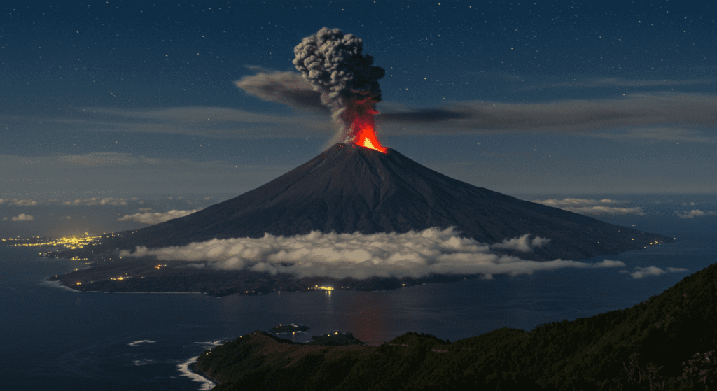 Imagen de un volcán en erupción de noche. Fotografía de un volcán con lava brillante y una columna de humo contra el cielo oscuro.

