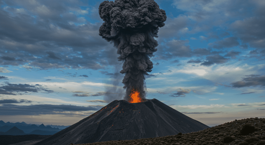 Vista del erupción del volcán durante un dia medio nublado. El volcán saca mucho humo.

