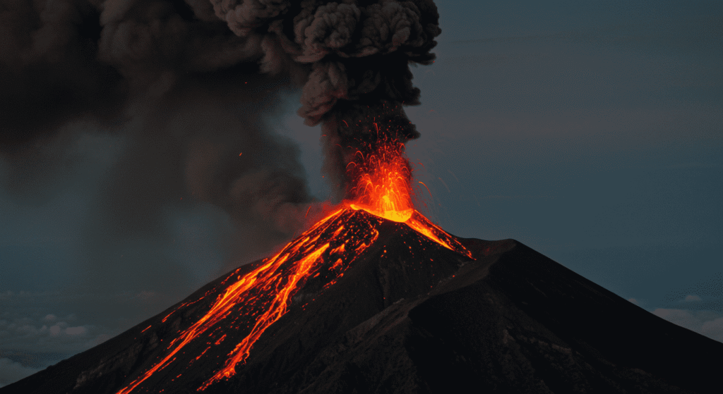 Volcán con erupción, volcán sacando lava a la atmosfera. Fotografía con textura de una gran erupción del volcán.

