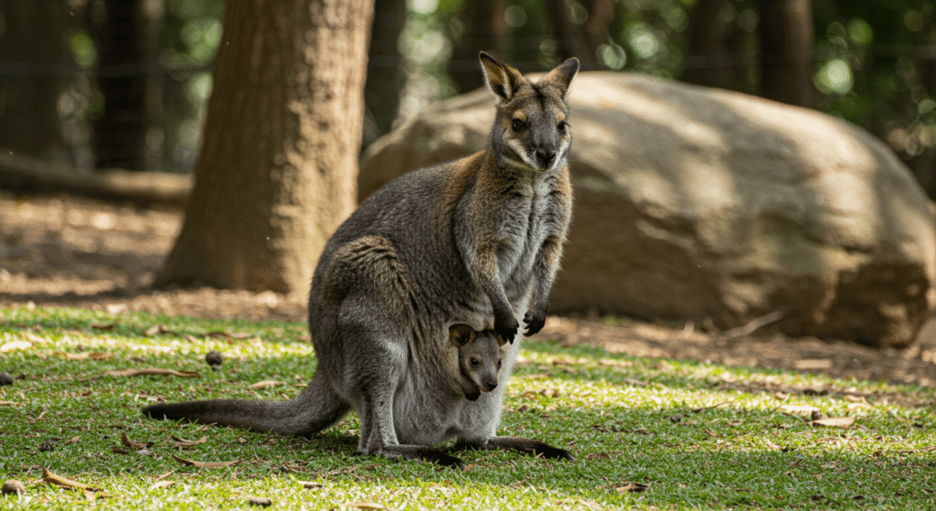 "Wallaby con cría en la bolsa en entorno natural. Imagen de fauna australiana con marsupiales en su hábitat."

