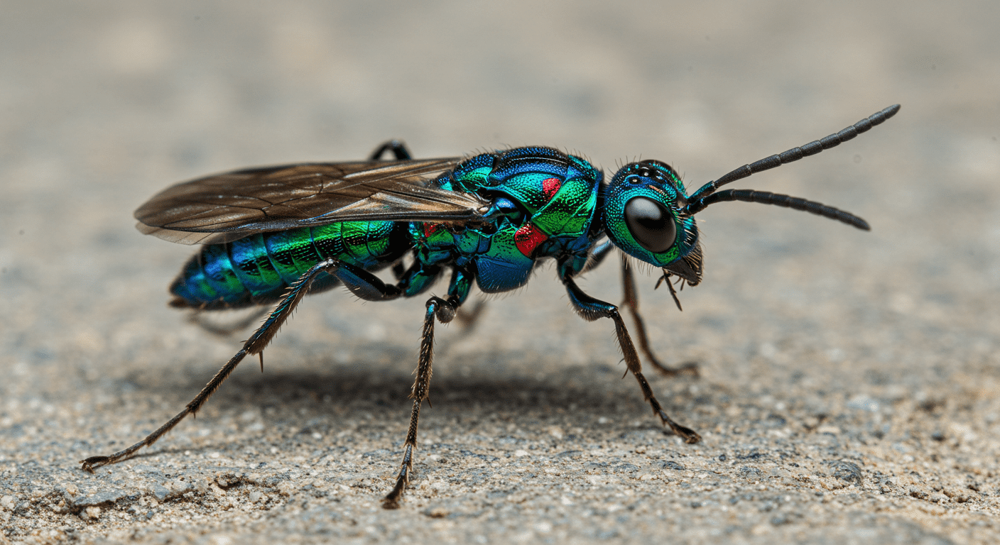 "Primer plano de avispa joya con cuerpo iridiscente azul y verde. Insecto brillante, detalle macro, entomología y naturaleza. Ideal para temas de insectos."