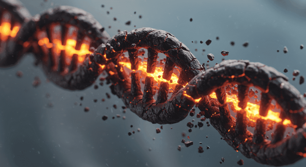 "Representación artística de ADN dañado con estructura en descomposición y núcleo incandescente. Imagen conceptual de mutación genética o enfermedad. Biología molecular."