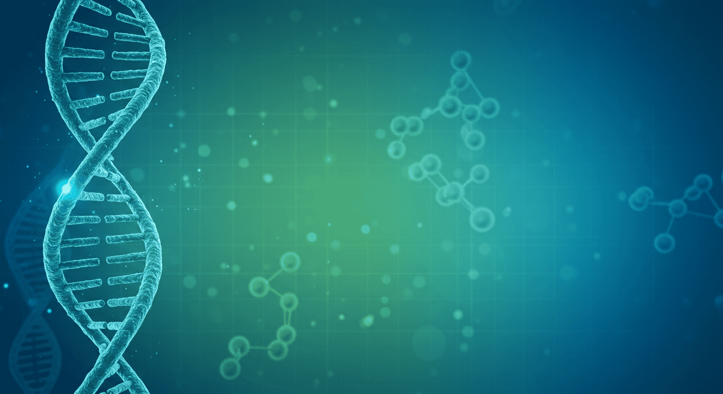 Representación visual de una molécula de ADN y estructuras moleculares sobre un fondo azul y verde, ideal para temas de ciencia y biología.