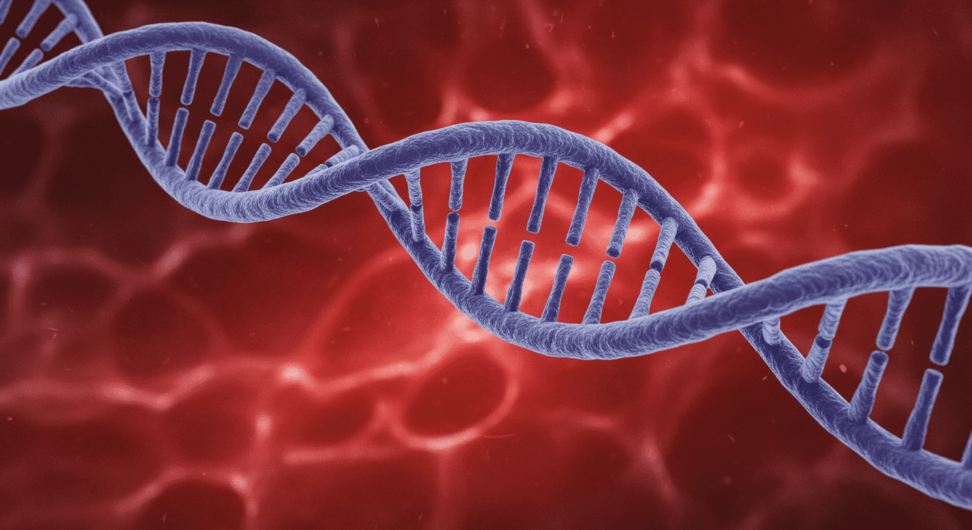 "Ilustración de ADN en doble hélice azul sobre fondo rojo orgánico. Representación visual de biología molecular, genética y células. Textura detallada."