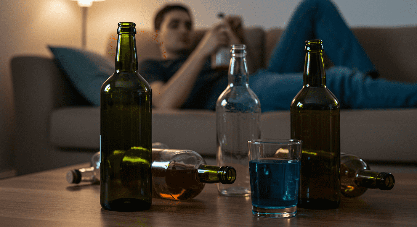 ¿Cómo afecta la marihuana al cerebro? Efectos positivos y negativos 5 Imagen que representa el consumo excesivo de alcohol, mostrando botellas vacías y una persona recostada en un sofá, aludiendo a los problemas de adicción.