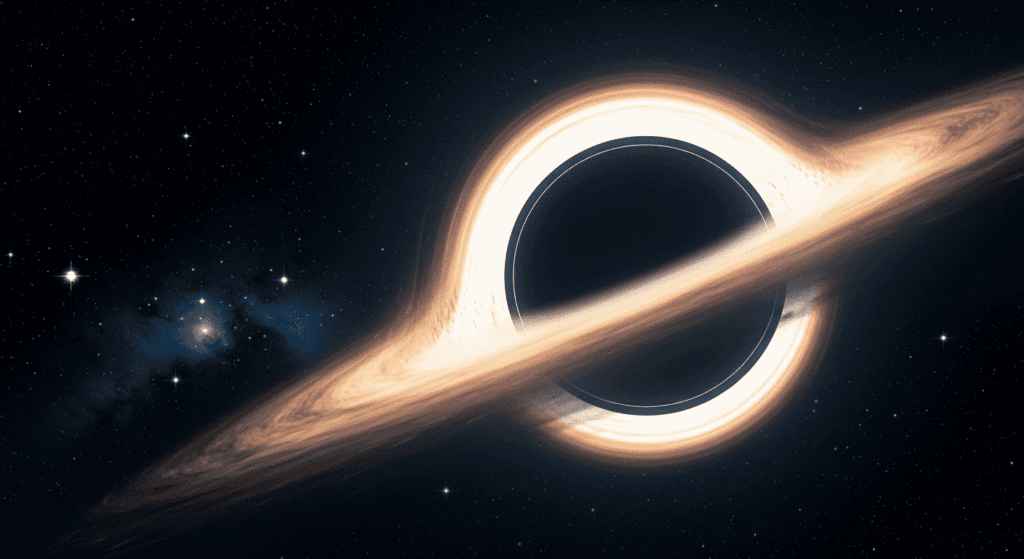 "Representación artística de un agujero negro en el espacio, distorsionando la luz de las estrellas circundantes. Imagen para artículos de astronomía, física y ciencia. "