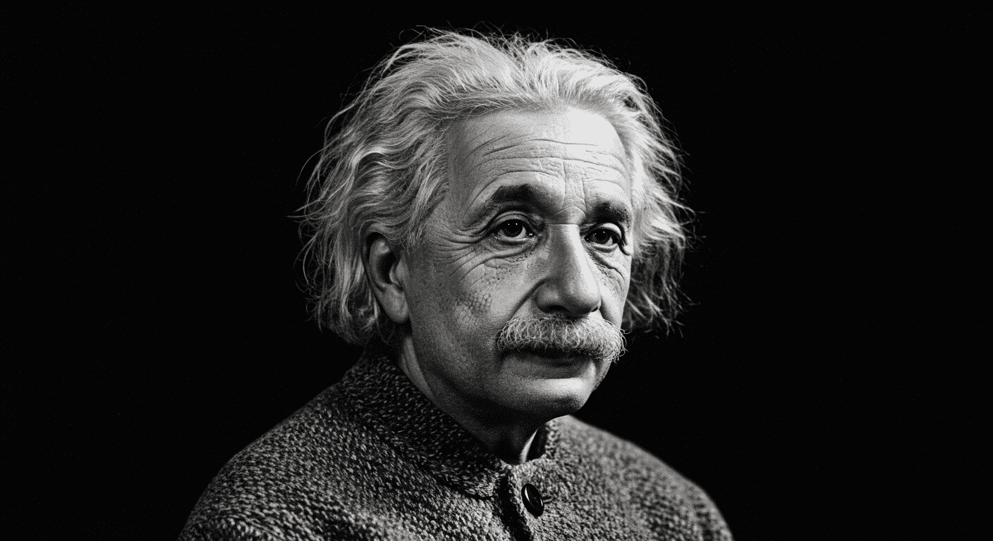 Retrato en blanco y negro de Albert Einstein. Imagen de Einstein con su característico cabello despeinado y bigote, mirando hacia un lado. Ideal para contenido sobre física, historia de la ciencia y grandes figuras intelectuales.