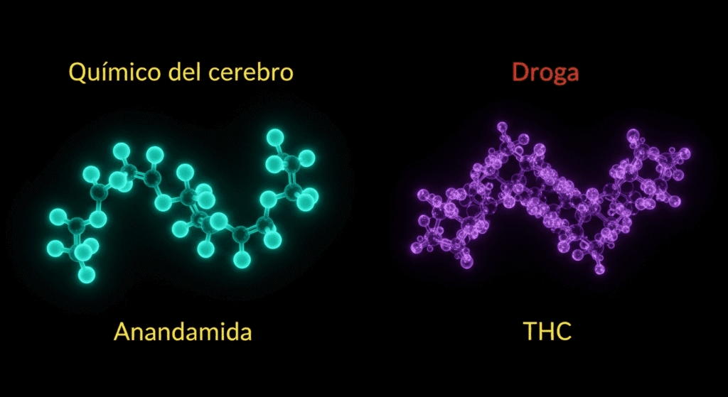 Efectos de la marihuana en la salud: beneficios y riesgos que debes conocer 3 "Comparación gráfica de estructuras moleculares: Anandamida (químico cerebral) vs. THC (droga). Ilustración científica en negro y colores contrastantes. Neuroquímica y farmacología."