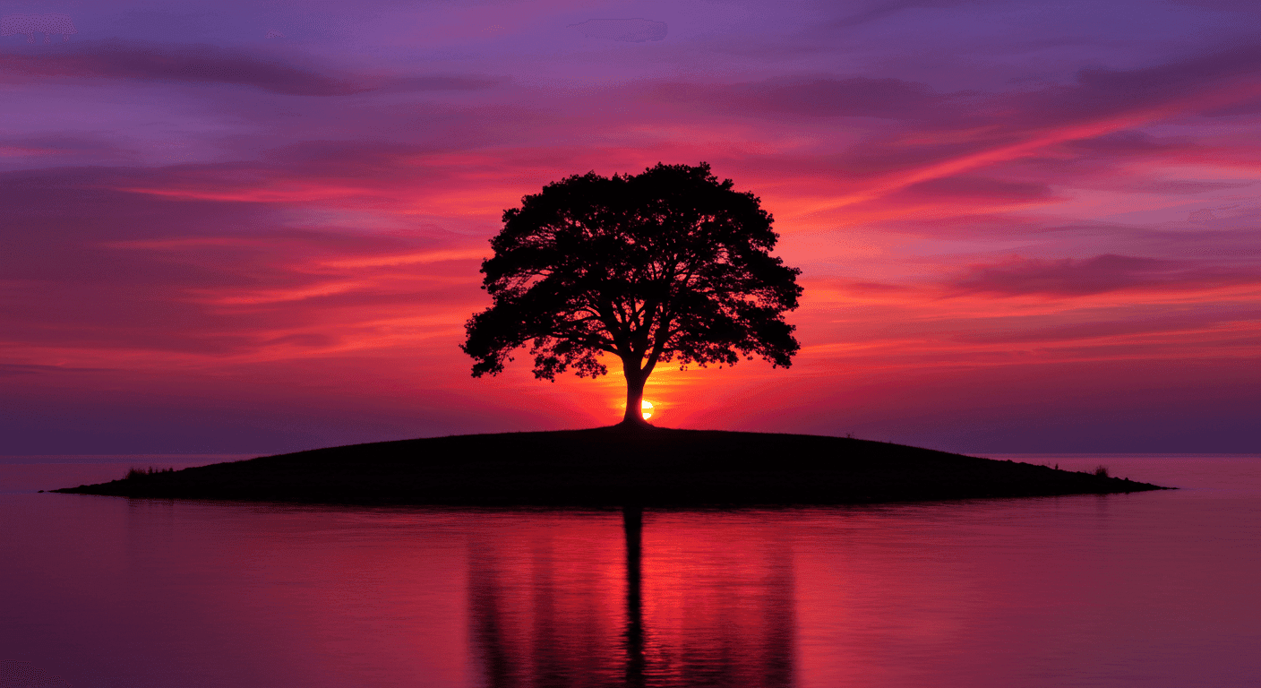 Silueta de árbol solitario en colina frente al mar bajo un espectacular atardecer con cielo púrpura y rojo fuego.