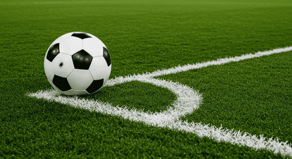 "Balón de fútbol blanco y negro sobre césped verde, cerca de la esquina del campo. Imagen para artículos de deportes, fútbol y actividad física."