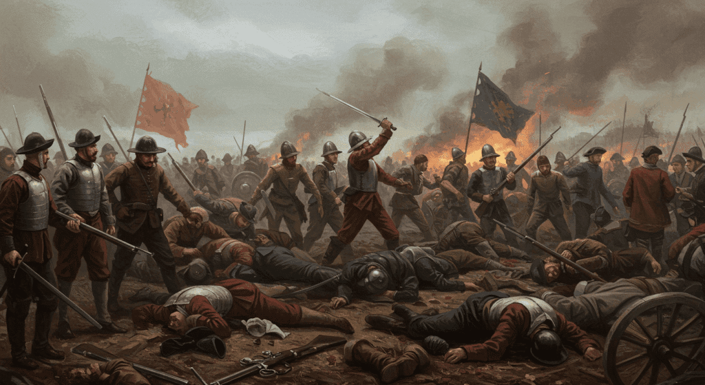 ¿Quién fue Napoleón Bonaparte? Ascenso, imperio y caída del líder francés 4 "Pintura de una batalla con soldados caídos y luchando. Escena caótica en un campo de batalla histórico. Imagen accesible y optimizada para SEO."
