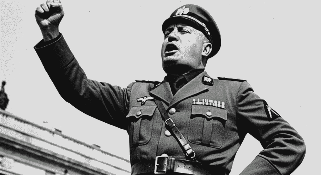 ¿Quién fue Benito Mussolini? Vida, poder y caída del dictador italiano 2 Fotografía en blanco y negro de Benito Mussolini arengando a una multitud. El dictador italiano, vestido con uniforme militar y gorra distintiva, levanta el puño en señal de autoridad. Imagen histórica del fascismo.