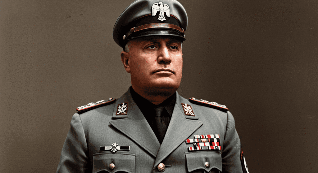 ¿Quién fue Benito Mussolini? Vida, poder y caída del dictador italiano 3 Retrato de Benito Mussolini con uniforme militar y condecoraciones. El líder fascista italiano posa con mirada seria y su característica gorra militar. Imagen histórica del siglo XX.