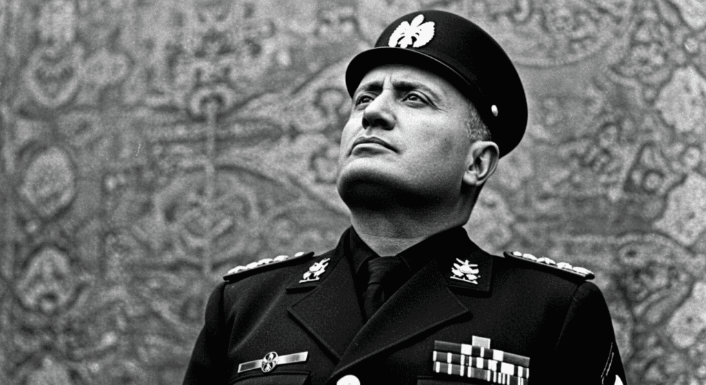 ¿Quién fue Benito Mussolini? Vida, poder y caída del dictador italiano 5 Imagen histórica de Benito Mussolini dando un discurso a una multitud. El dictador fascista italiano, vestido con uniforme militar y la mano alzada, pronuncia un discurso desde una tribuna.