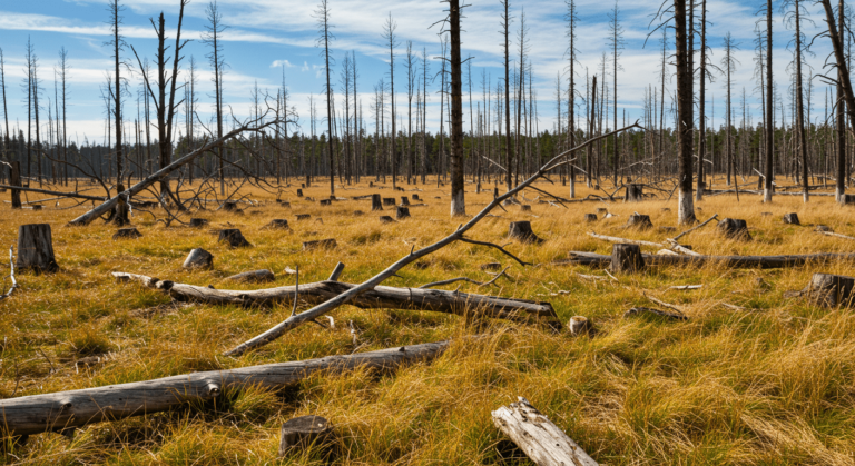 "Paisaje de un bosque devastado con árboles muertos y pastizales secos. Imagen de deforestación y daño ambiental con cielo azul."