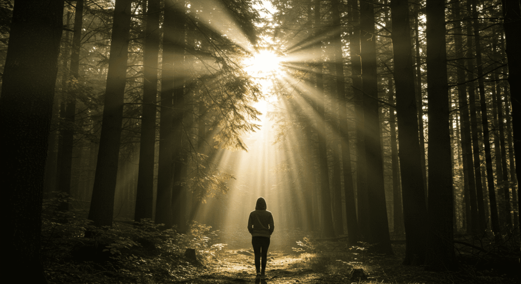 Persona caminando en bosque iluminado por el sol. Naturaleza, tranquilidad.

