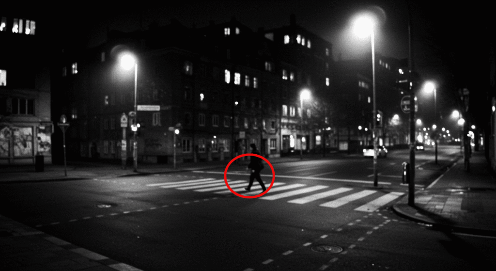 Imagen de seguridad de una calle por la noche. Persona cruzando la calle de noche captada por cámara de seguridad. Video vigilancia nocturna en zona urbana.

