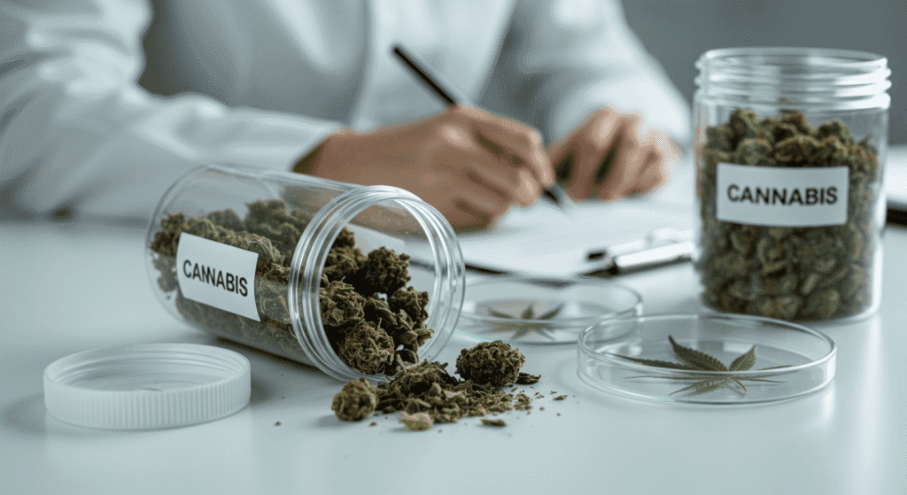 Efectos de la marihuana en la salud: beneficios y riesgos que debes conocer 6 "Cannabis medicinal: cogollos secos, hoja en placa de Petri y envases con etiquetas de "Cannabis medicinal" sobre una mesa con una mano escribiendo en un documento. Imagen relacionada con la salud y el tratamiento del cannabis."