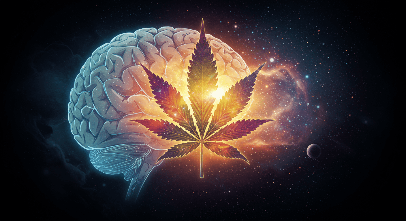 ¿Cómo afecta la marihuana al cerebro? Efectos positivos y negativos 3 Ilustración conceptual que fusiona un cerebro humano con una hoja de cannabis en un fondo cósmico, representando la relación entre la marihuana y la mente.