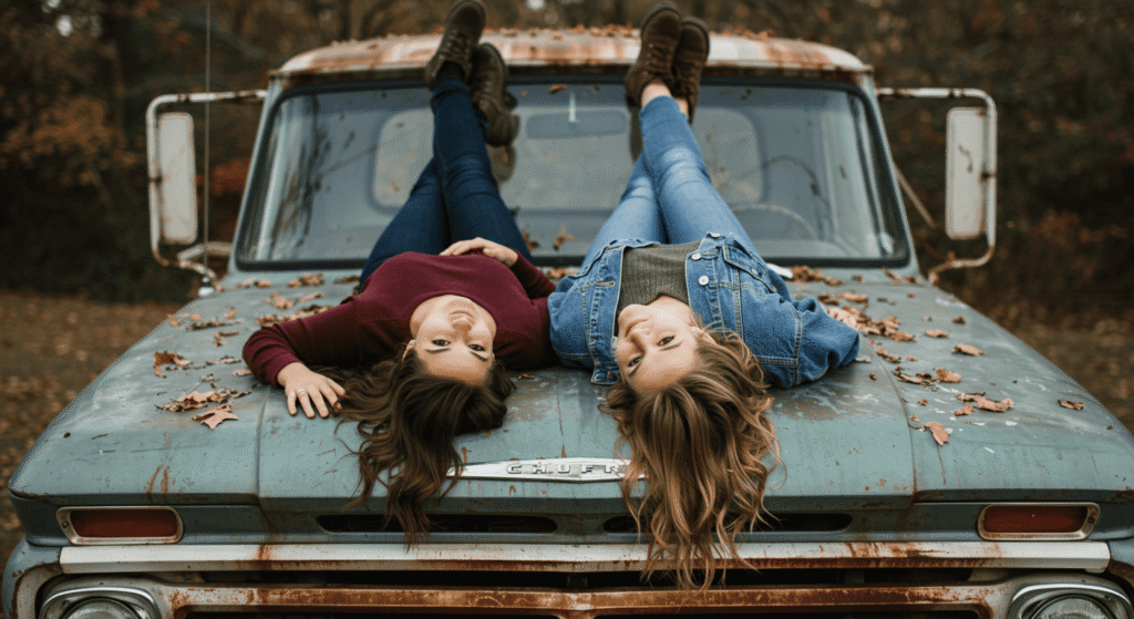 Dos jóvenes relajadas sobre el capó de una camioneta antigua. Amistad, estilo vintage.

