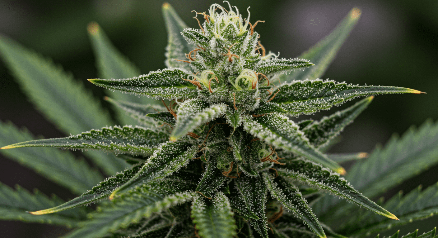 Primer plano de un cogollo de marihuana. Imagen detallada de planta de cannabis con tricomas. Accesible para personas con discapacidad visual.