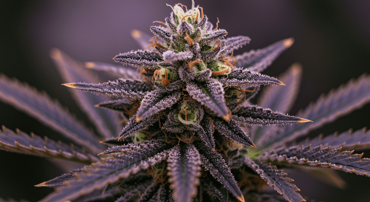 "Primer plano de un cogollo de marihuana con tricomas brillantes. Detalle de planta de cannabis medicinal. Textura y colores vibrantes."