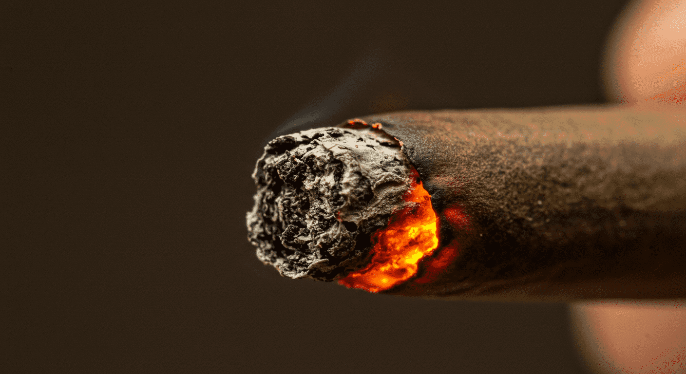 ¿Cómo afecta la marihuana al cerebro? Efectos positivos y negativos 2 Macrofotografía de la colilla de un cigarrillo con ceniza gris y puntos rojos brillantes, simbolizando el hábito de fumar y sus consecuencias.