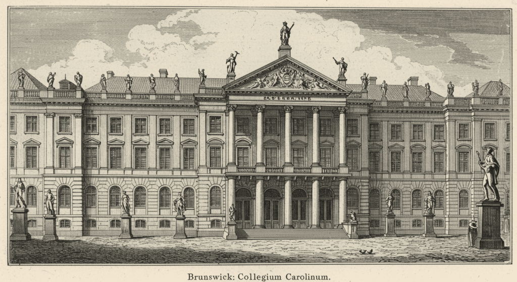 Dibujo antiguo del Collegium Carolinum en Brunswick, Alemania. Arquitectura clásica.


