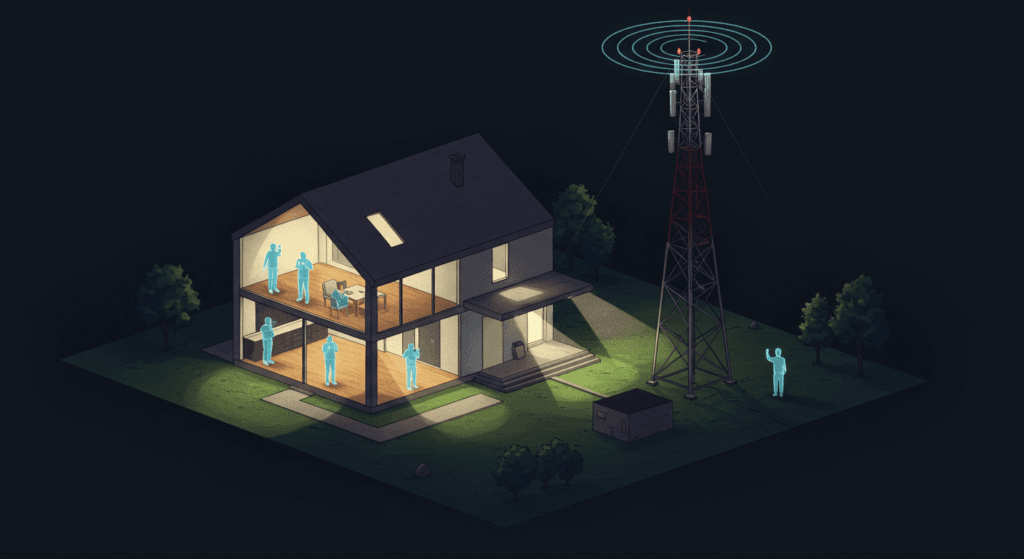Conexión celular hogar: Representación de vivienda con conexión a torre celular, mostrando figuras humanas usando dispositivos. Accesibilidad web y SEO para telecomunicaciones, conectividad y hogar inteligente.