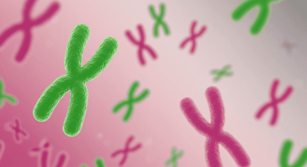 "Ilustración colorida de cromosomas en tonos verdes y magenta sobre fondo rosa. Representación visual de genética y biología. Diseño artístico."