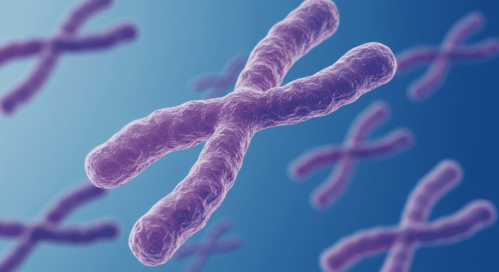 "Ilustración 3D de cromosomas humanos en tonos azules y violetas. Representación visual para genética, herencia y biología celular. Microscopía."