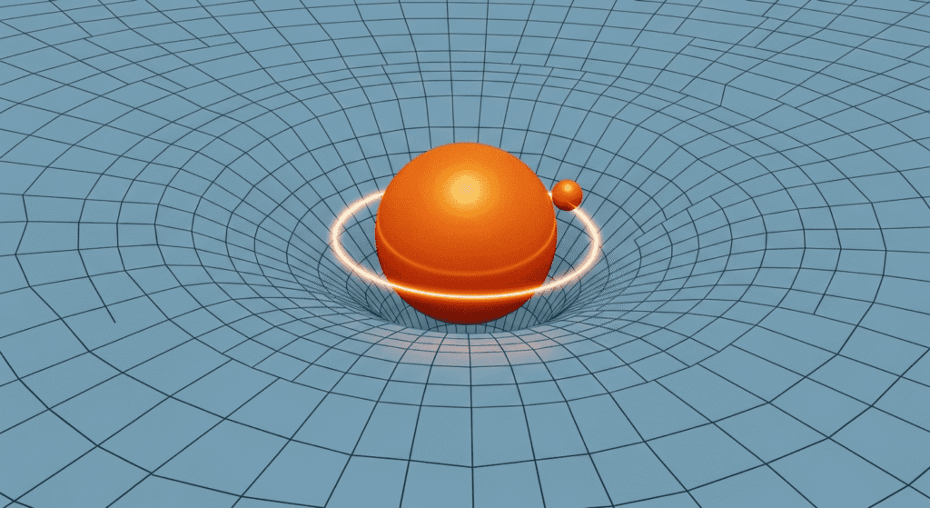 "Ilustración de la curvatura del espacio-tiempo causada por la gravedad. Esfera grande deformando una cuadrícula, con una esfera pequeña orbitando. Representación visual de la teoría de la relatividad."