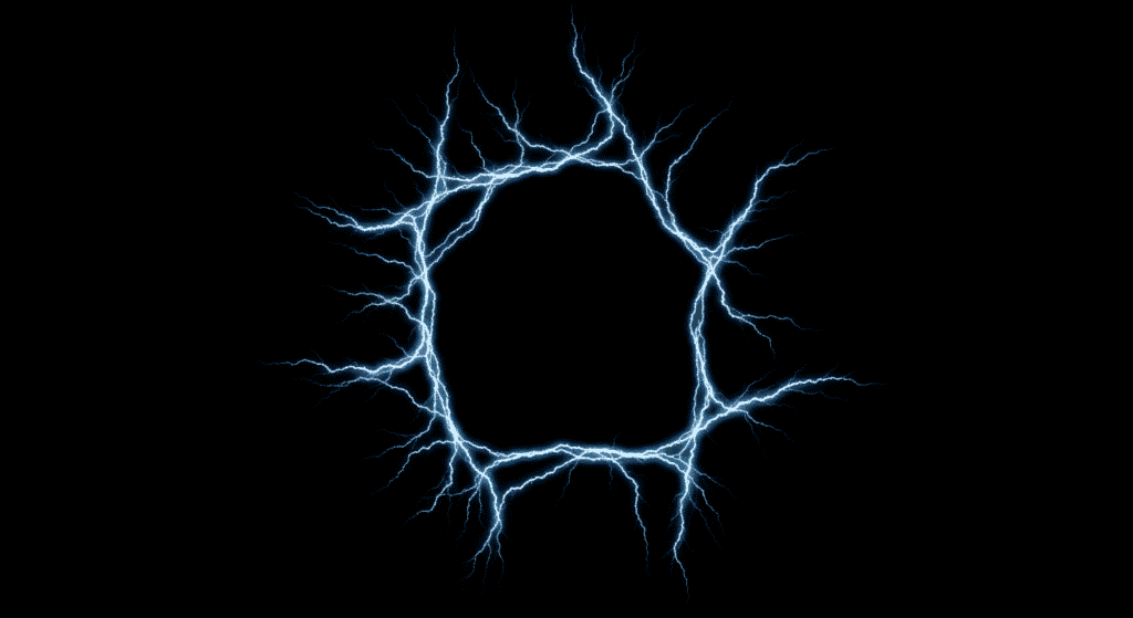 "Forma circular abstracta de líneas azules que simulan relámpagos sobre fondo negro. Ideal para diseño gráfico, fondos de pantalla tecnológicos y visualizaciones de energía."