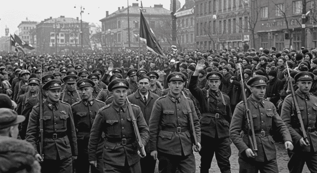 ¿Quién fue Benito Mussolini? Vida, poder y caída del dictador italiano 4 Fotografía en blanco y negro de una marcha militar con soldados armados y oficiales en uniformes. Desfile histórico de la época fascista en un entorno urbano.