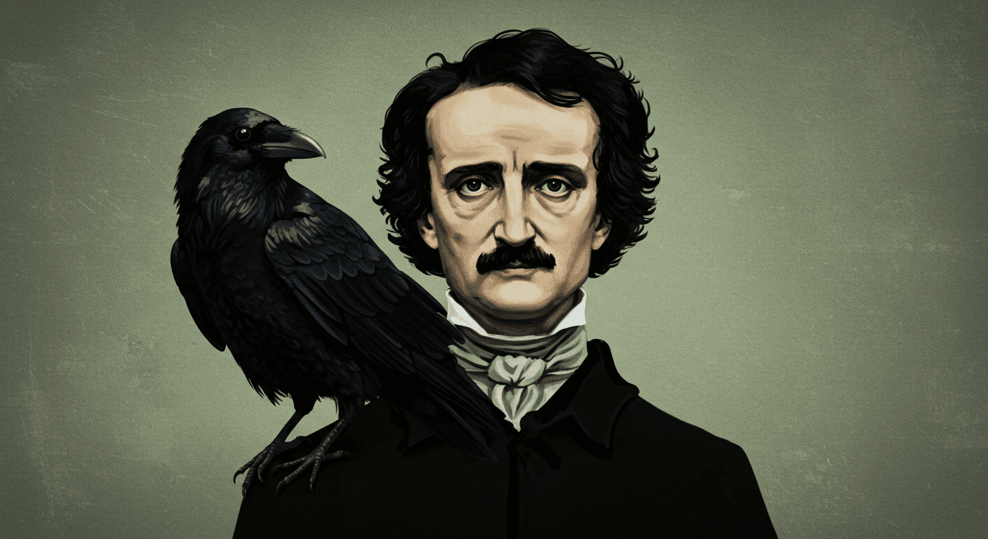Retrato de Edgar Allan Poe con cuervo negro, ilustración inspirada en "El Cuervo". Imagen para literatura gótica, poesía y autores clásicos. Accesibilidad web.