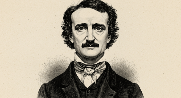 Retrato grabado de Edgar Allan Poe, autor estadounidense del siglo XIX. Imagen en blanco y negro que muestra a Poe con traje elegante y expresión pensativa. Ideal para contenido sobre literatura gótica y autores clásicos.