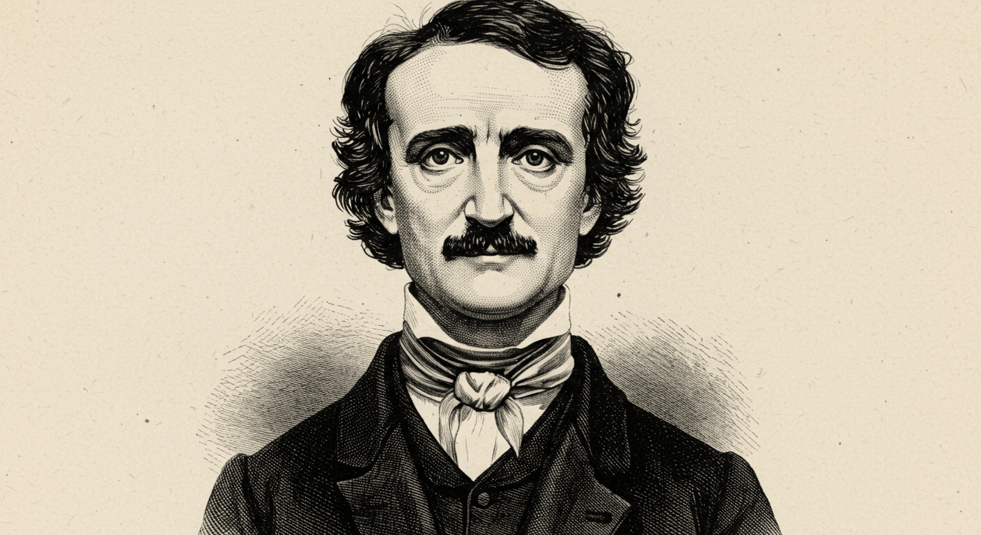 Retrato grabado de Edgar Allan Poe, autor estadounidense del siglo XIX. Imagen en blanco y negro que muestra a Poe con traje elegante y expresión pensativa. Ideal para contenido sobre literatura gótica y autores clásicos.