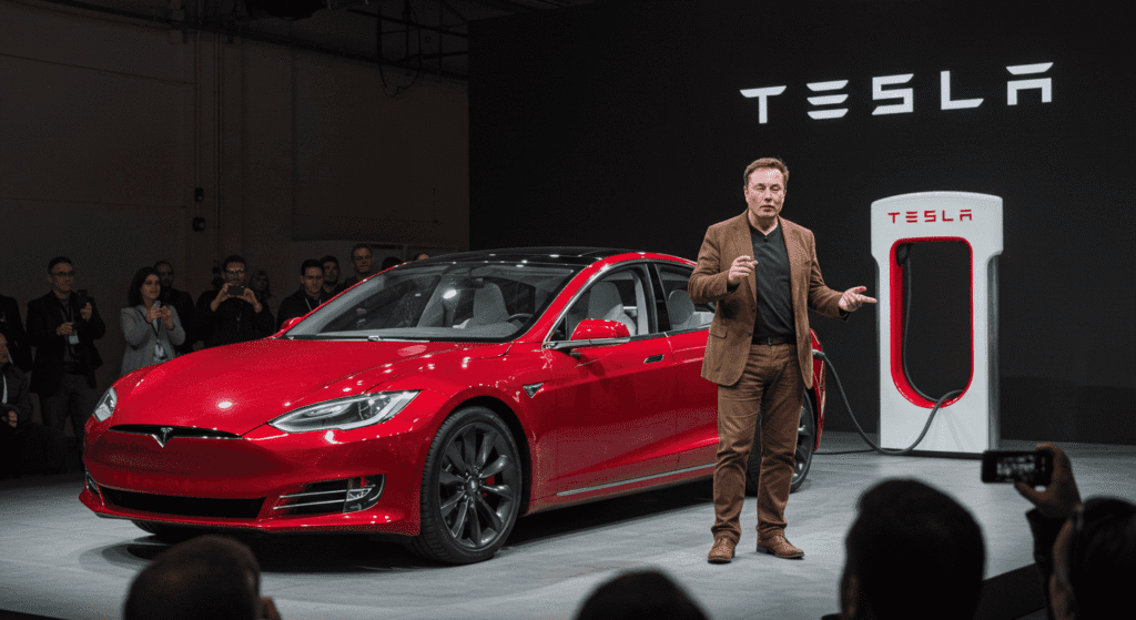 ¿Quién es Elon Musk? Vida, empresas e impacto del empresario más polémico 5 Elon Musk presentando un coche Tesla rojo. Imagen de Elon Musk junto a un vehículo eléctrico Tesla en un evento. Fotografía de innovación automotriz y tecnología sostenible.