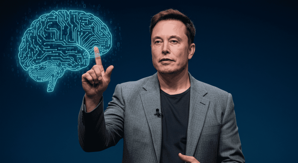 ¿Quién es Elon Musk? Vida, empresas e impacto del empresario más polémico 2 Elon Musk e inteligencia artificial. Imagen de Elon Musk presentando un concepto de cerebro digital y IA. Fotografía de tecnología, innovación y futuro.