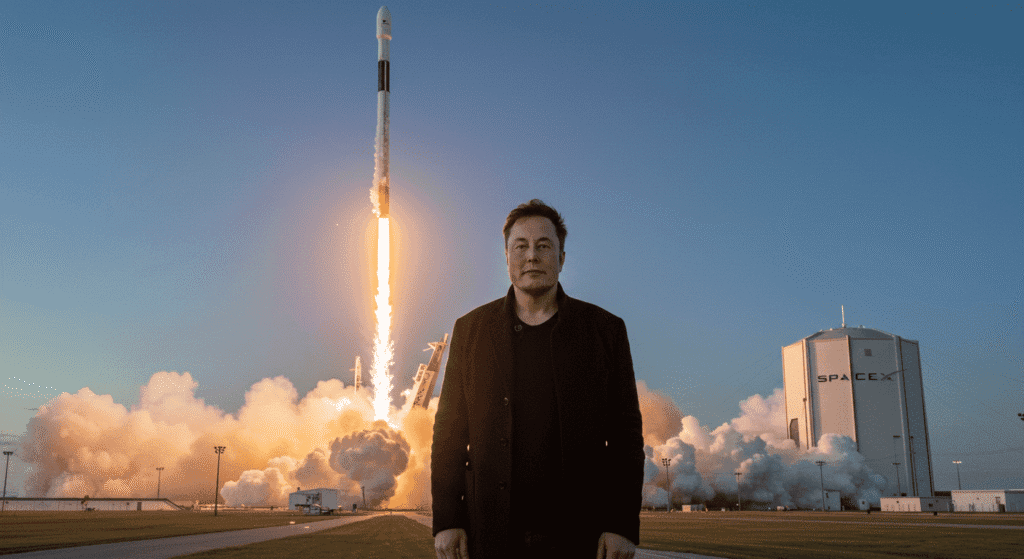 ¿Quién es Elon Musk? Vida, empresas e impacto del empresario más polémico 6 Elon Musk y lanzamiento de cohete SpaceX. Imagen de Elon Musk de pie frente a un cohete de SpaceX durante el lanzamiento. Fotografía de exploración espacial, tecnología y logros de SpaceX.