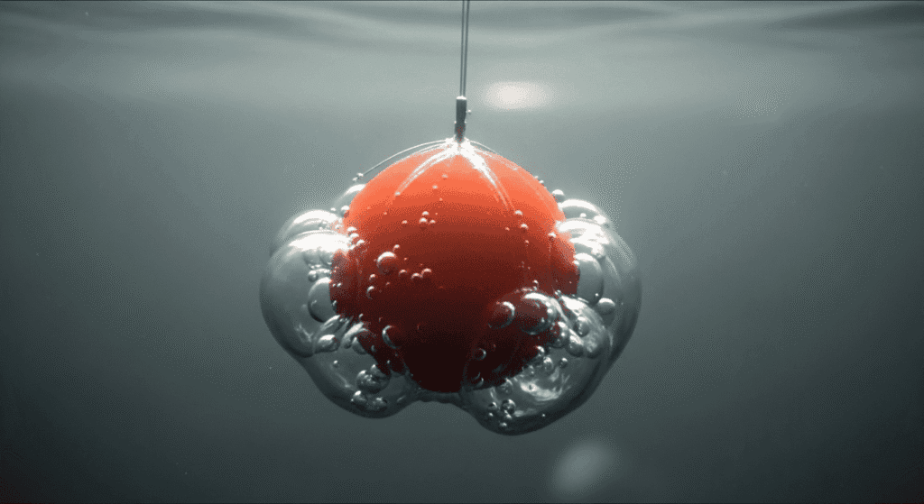 Esfera naranja agua burbujas programa televisión. Imagen de una esfera naranja suspendida en agua con burbujas, posiblemente de un programa de televisión. Ideal para ilustrar conceptos de física, experimentación y visualizaciones subacuáticas.