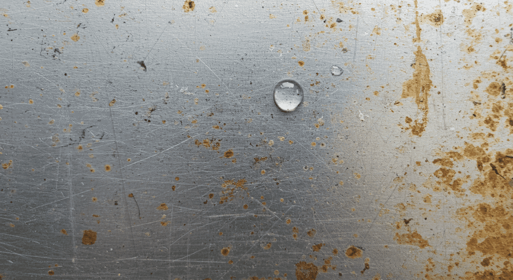 Pequeña esfera superficie metal desgastado. Imagen de una bolita oscura sobre una superficie metálica rayada y manchada. Ideal para ilustrar texturas, detalles y objetos pequeños en contextos industriales o de desgaste.