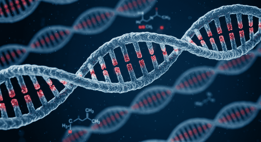 "Imagen 3D de la estructura del ADN, representación de doble hélice con bases nitrogenadas: adenina, guanina, citosina y timina. Ilustración científica para genética y biología molecular."