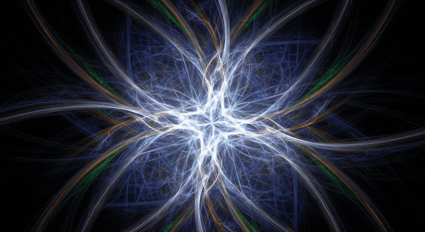 "Imagen abstracta con explosión de luz central. Fondo oscuro con líneas azules, blancas, moradas, verdes y marrones. Ideal para fondos de pantalla abstractos, diseño gráfico y visualizaciones de energía."