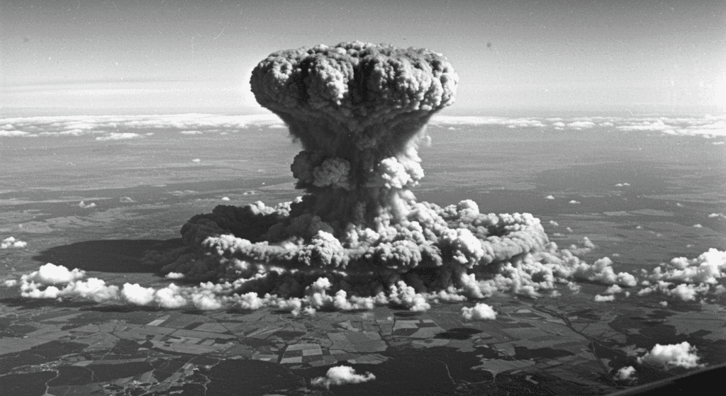 La bomba atómica en Hiroshima: el día en que el sol cayó del cielo 3 "Fotografía aérea en blanco y negro de una explosión nuclear con nube de hongo. Imagen histórica desde arriba de la detonación."