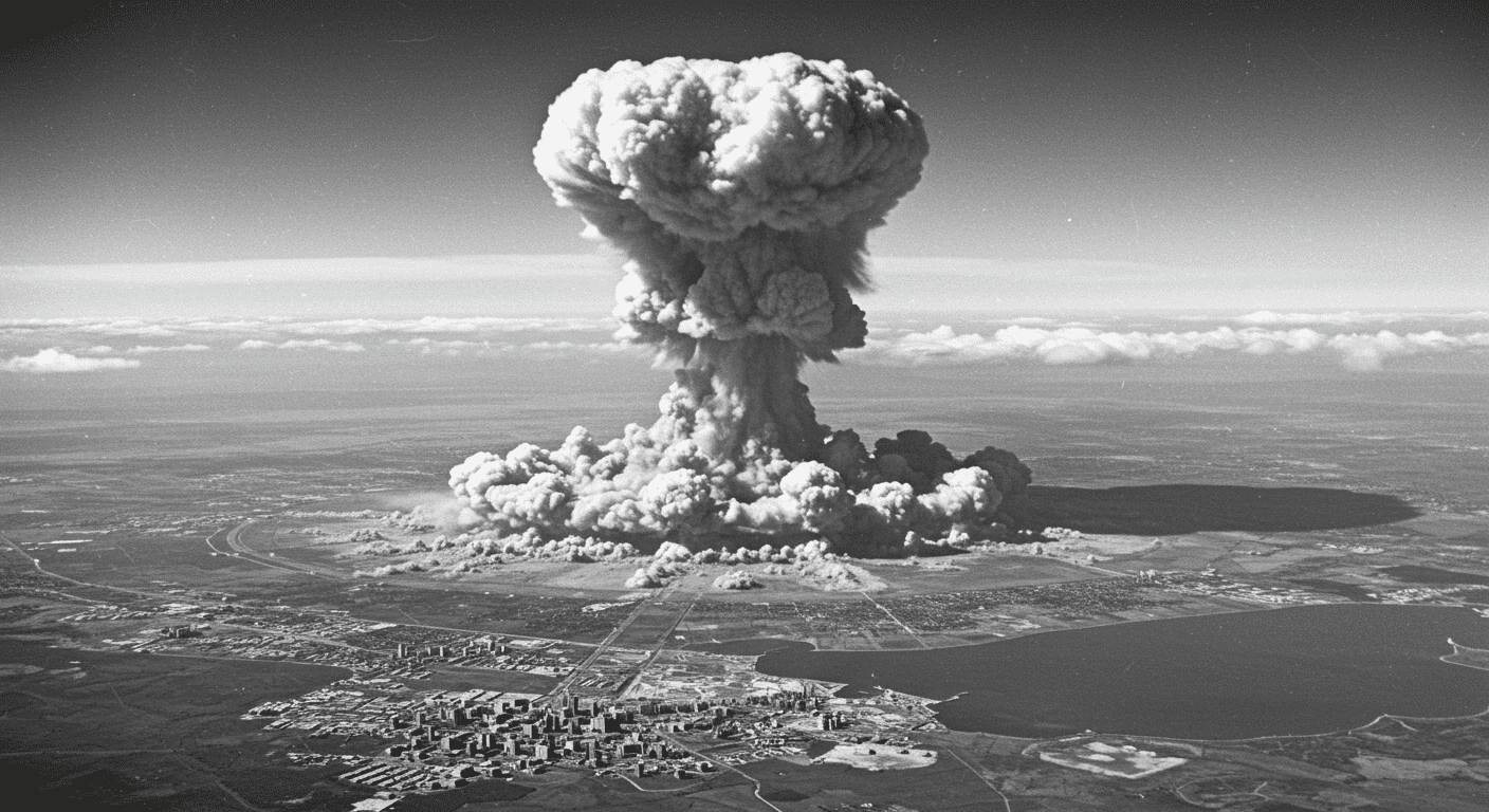 "Fotografía aérea en blanco y negro de una explosión nuclear con nube de hongo sobre una ciudad. Imagen histórica de la devastación de un arma nuclear."