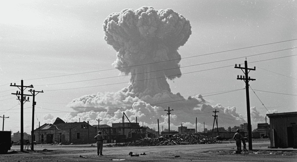 La bomba atómica en Hiroshima: el día en que el sol cayó del cielo 6 "Imagen en blanco y negro de una zona devastada con escombros y un edificio destruido. Representación gráfica de un desastre y sus consecuencias."