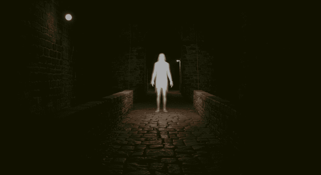 Imagen de fantasma en puente antiguo. Figura borrosa y luminosa captada de noche en estructura de piedra. Fotografía paranormal y misteriosa.