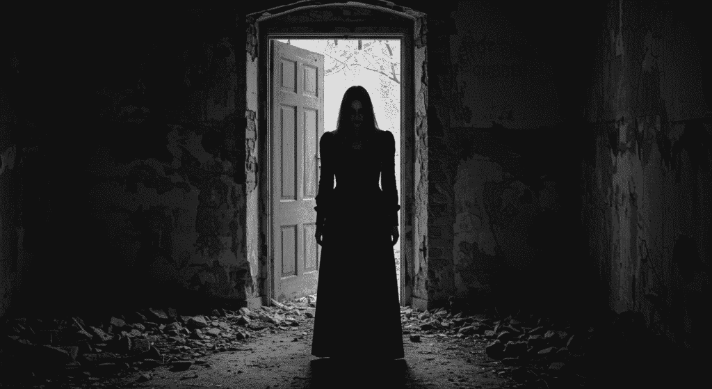 Fantasma con vestido blanco frente a puerta abandonada. Imagen de terror en blanco y negro de una aparición espectral. Vestido blanco espectro puerta antigua.


