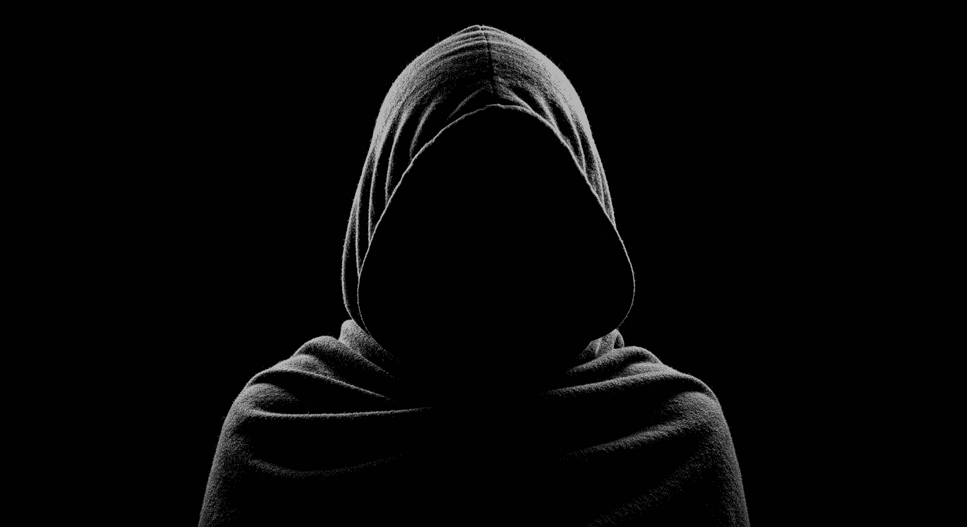 Silueta oscura con capucha sobre fondo negro. Imagen misteriosa de figura encapuchada. Anonimato y secreto en fotografía en blanco y negro.